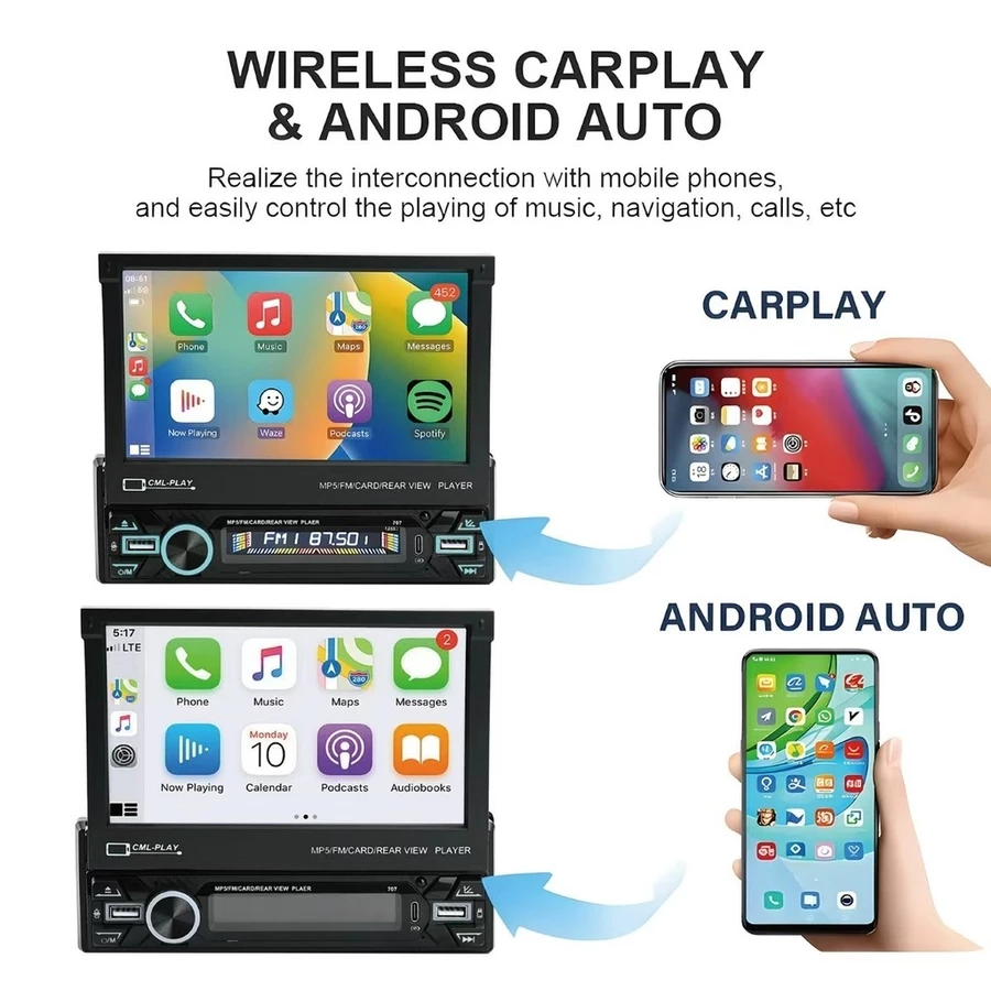 Central Multimídia Universal 7” Retrátil Bluetooth GPS USB Câmera de Ré MP5 CarPlay imagem 2