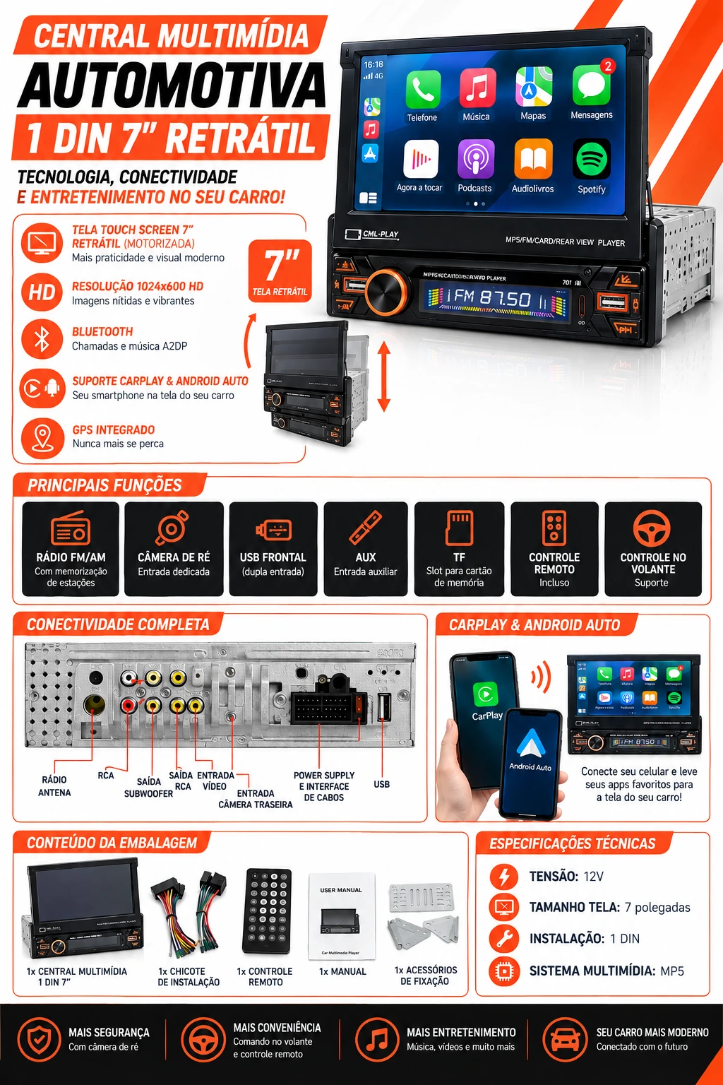 Características do Central Multimídia Universal 7” Retrátil Bluetooth GPS USB Câmera de Ré MP5 CarPlay